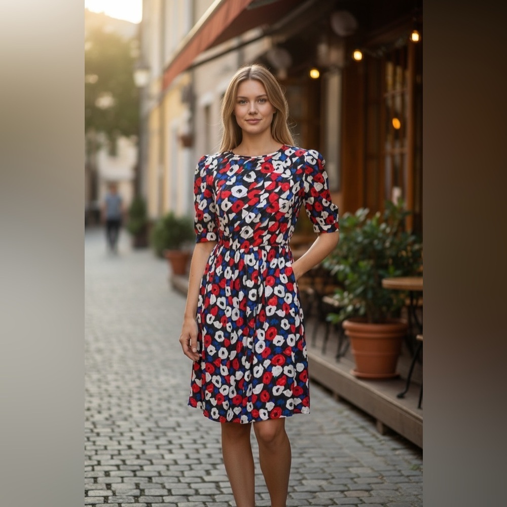 Vintage Silk Floral Dress – 90s Cottagecore Poppy Print Puff Sleeve